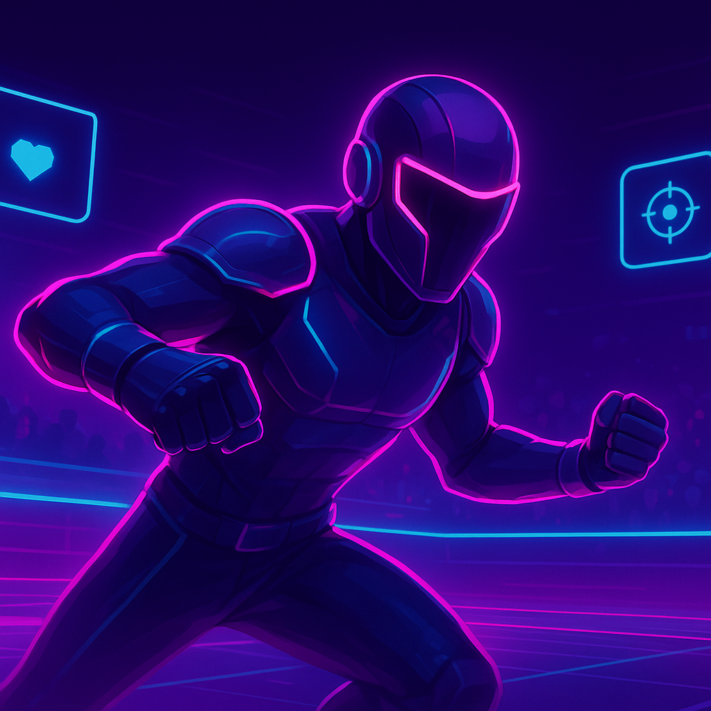 Arcadia Forge hero interface with vapor HUD and neon arena