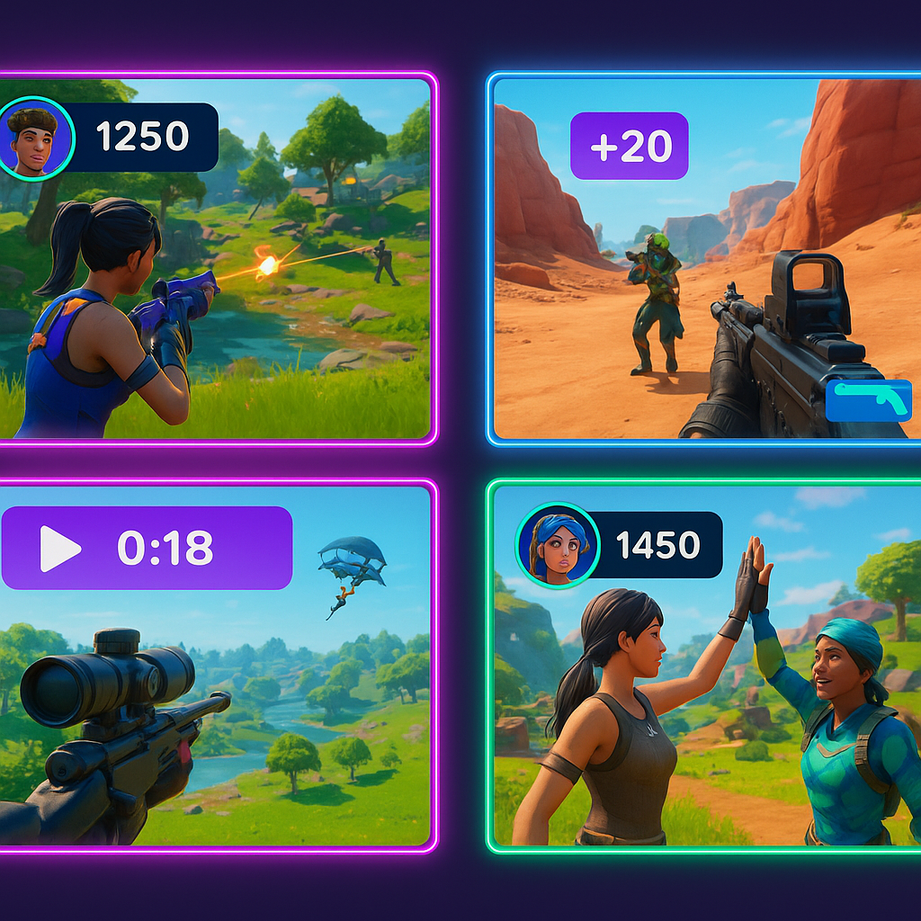 Gallery montage of short-play sessions, HUD overlays and player badges